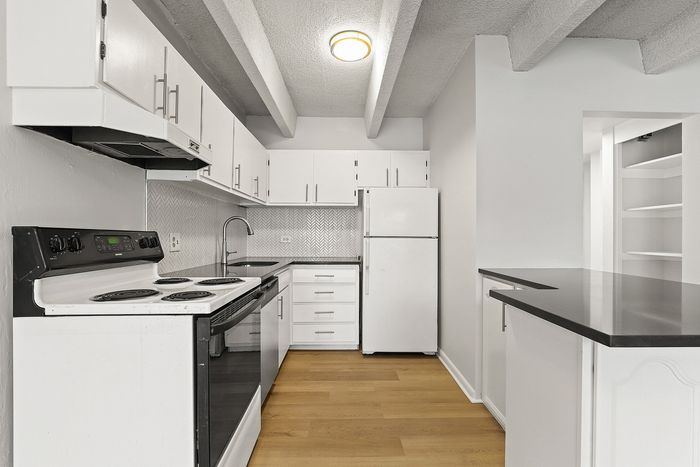 Modern kitchen featuring sleek cabinets, stainless steel appliances, and elegant wood flooring.