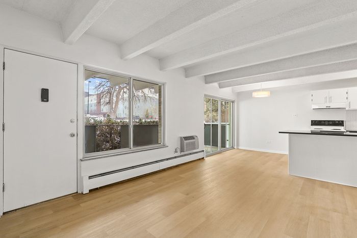 Bright open-plan living space with modern kitchen and large windows offering a scenic view, perfect for urban living.