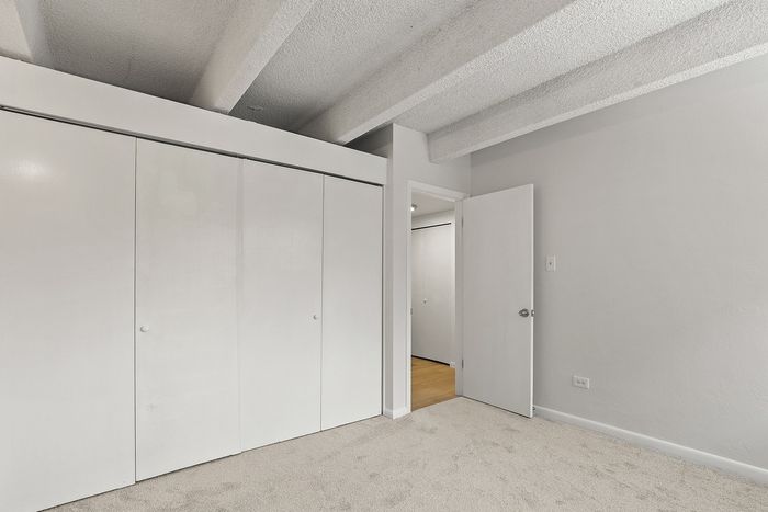 Bright and airy bedroom featuring a spacious closet with sleek white doors and plush carpeting, exuding modern elegance.