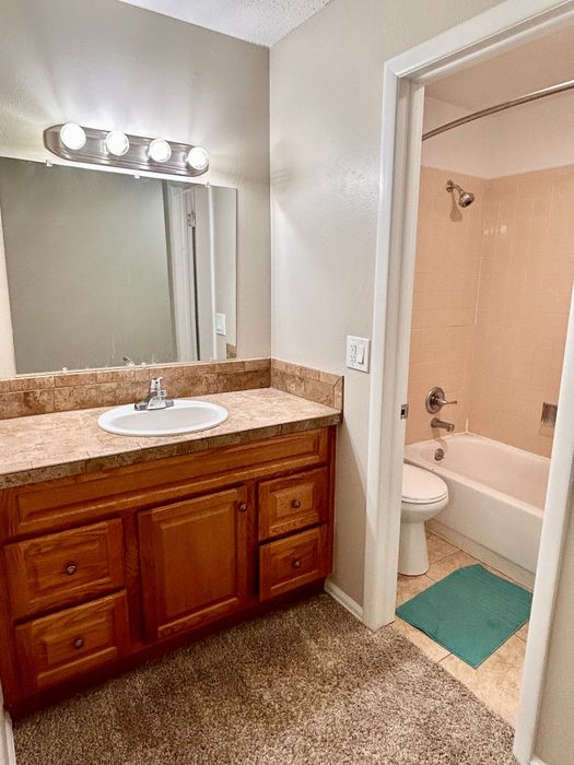 Elegant bathroom with warm wood vanity, modern lighting, and inviting bathtub in a cozy apartment.