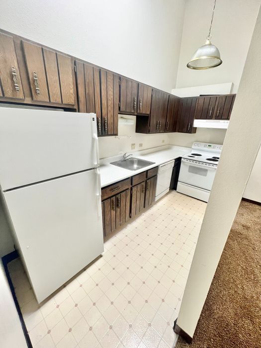 Charming kitchen with vintage wooden cabinets, sleek white appliances, and stylish pendant lighting creating a welcoming atmosphere.