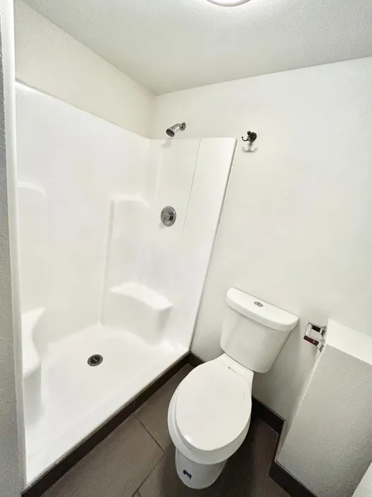 Modern bathroom with elegant shower and sleek fixtures, offering a clean and spacious feel.
