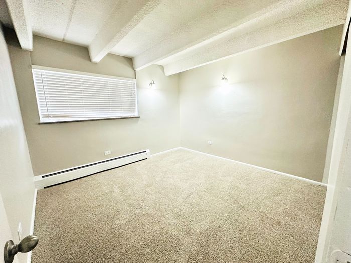 Bright and inviting empty bedroom with soft carpet, large window, and modern lighting perfect for customization.