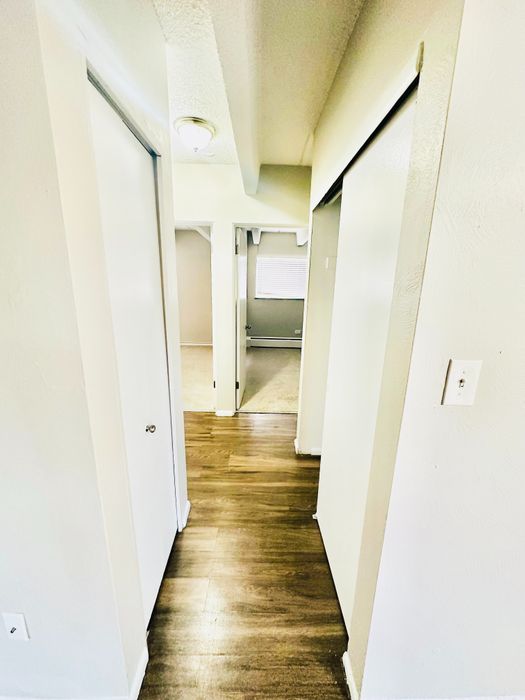Bright and inviting hallway with sleek wood-style flooring and modern white doors, leading to spacious rooms.