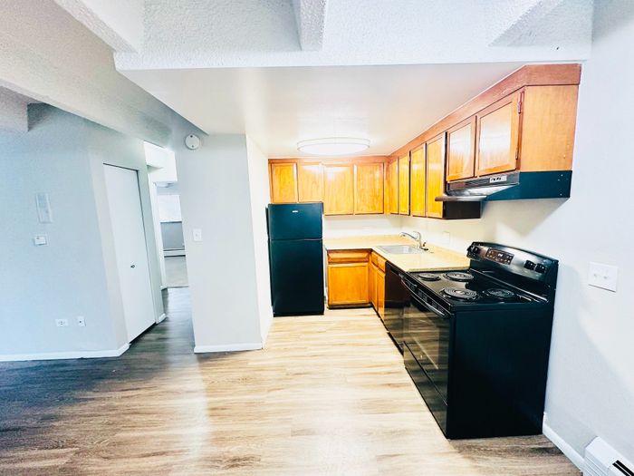 Bright and inviting kitchen with modern appliances, elegant wooden cabinets, and sleek flooring, perfect for culinary adventures.