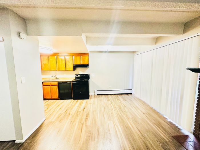 Bright and airy apartment space featuring a modern kitchen with warm wooden cabinets and sleek black appliances, complemented by elegant hardwood flooring and expansive vertical blinds.