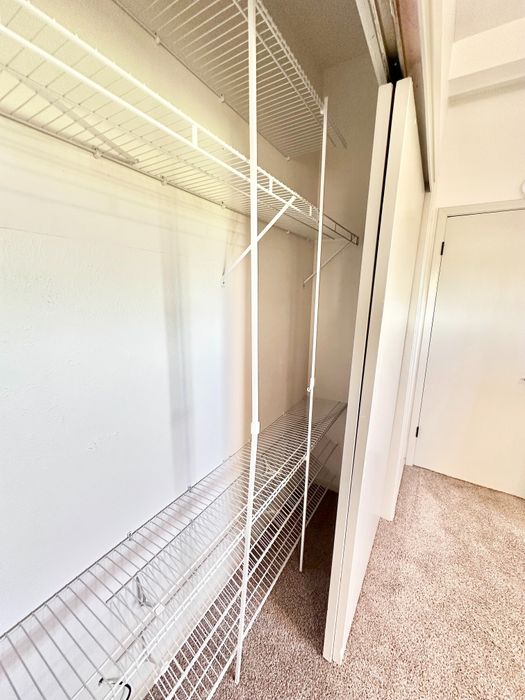 Spacious walk-in closet featuring sleek white wire shelving, perfect for organized storage in a modern apartment.