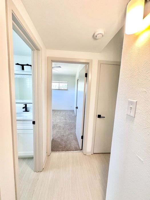 Bright hallway with modern light fixtures leading to carpeted bedroom and sleek bathroom, showcasing stylish finishes.