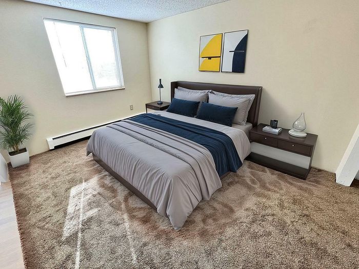 Inviting bedroom with plush carpeting, modern decor, and large window for natural light.