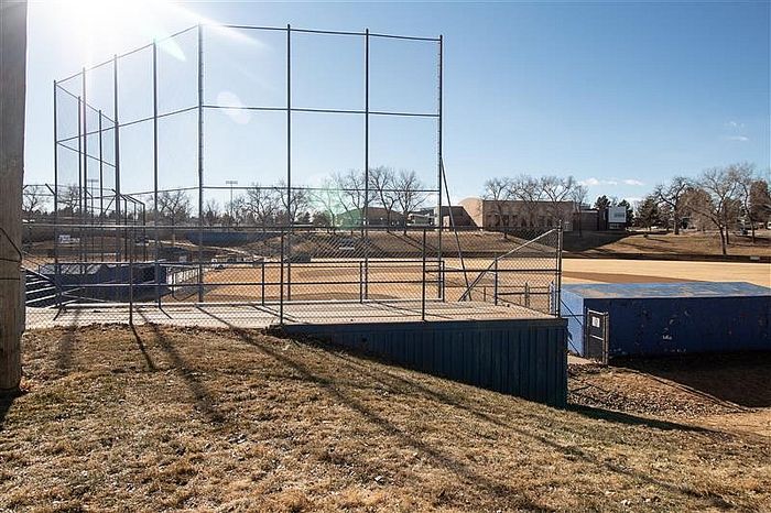 Charming baseball field under clear blue sky, featuring well-maintained diamond and backstop, surrounded by lush greenery and trees.
