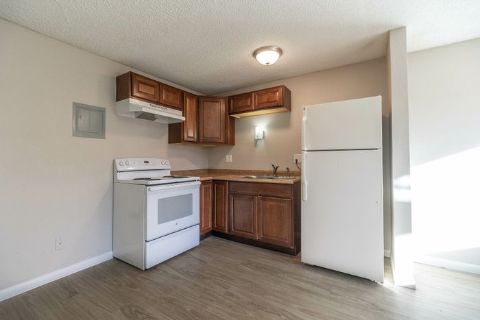 Bright and airy kitchen featuring sleek appliances, warm wooden cabinets, and modern flooring.