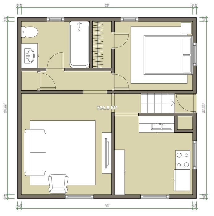Chic 2D floor plan featuring a spacious bedroom, modern bathroom, cozy living room, and a well-equipped kitchen in 535.6 sq ft layout.