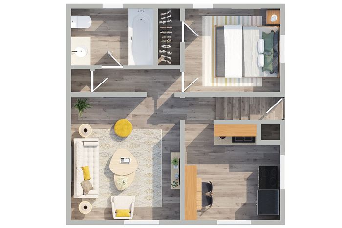 Chic 2D floor plan showcasing 1 bedroom apartment with cozy living area, modern kitchen, and elegant bathroom.