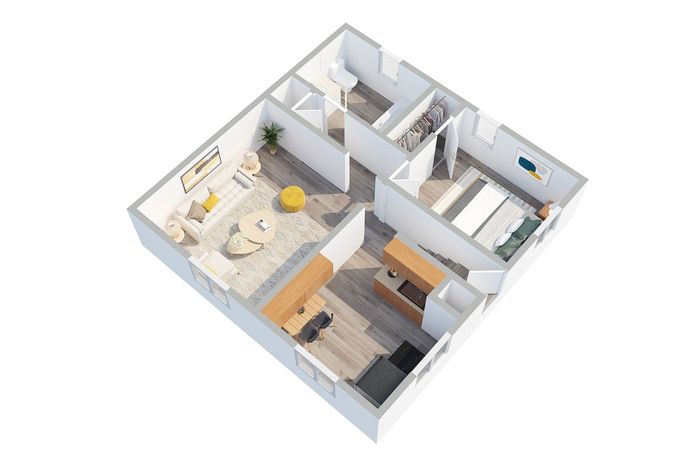 Modern 3D floor plan displaying a cozy 1-bedroom apartment with a chic living area and sleek kitchen design.