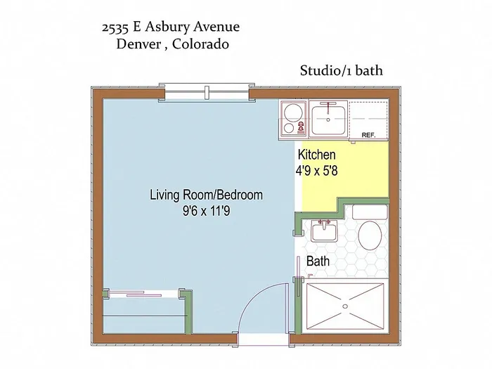 Charming studio apartment floor plan at 2535 E Asbury Avenue, Denver, Colorado, showcasing a cozy living room/bedroom, compact kitchen, and modern bath.