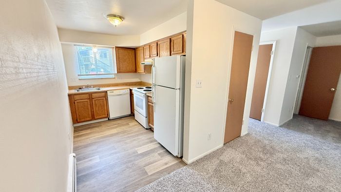 Bright and cozy apartment kitchen with light wood cabinets and modern appliances, seamlessly connecting to a soft carpeted hallway.