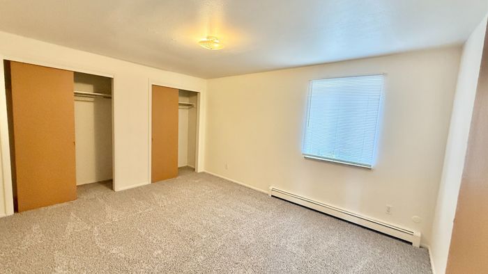 Bright and spacious room with plush carpet, ample closet space, and natural light from large window.