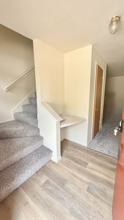 Inviting apartment entryway with modern laminate flooring and cozy carpeted staircase leading to upper levels.