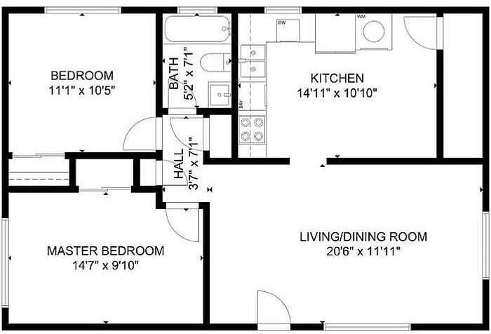 Efficient 2D floor plan featuring master bedroom, additional bedroom, spacious kitchen, and an open-concept living/dining area.