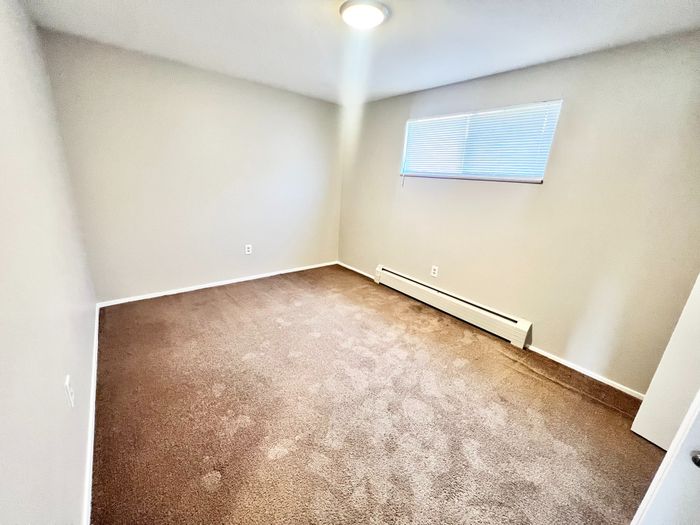 Bright bedroom with plush carpeting, natural light from a wide window, and fresh neutral walls, perfect for personalization.