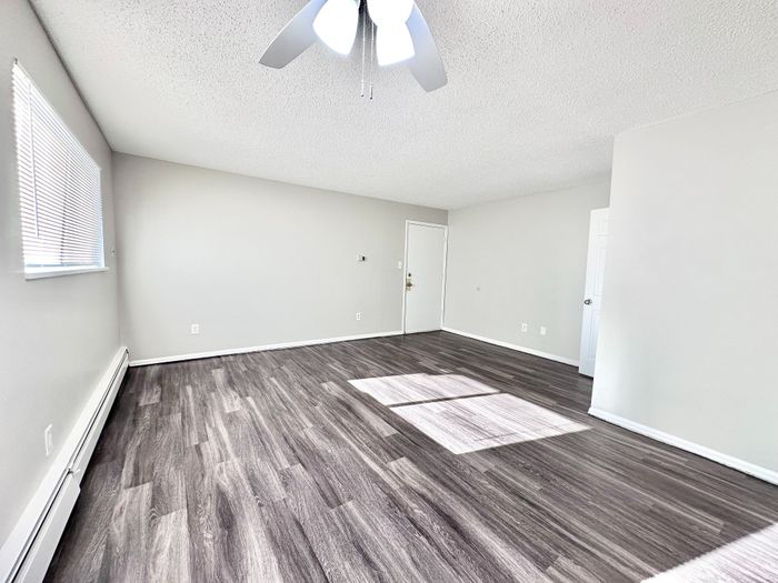 Bright, spacious living room with modern laminate flooring and abundant natural light.
