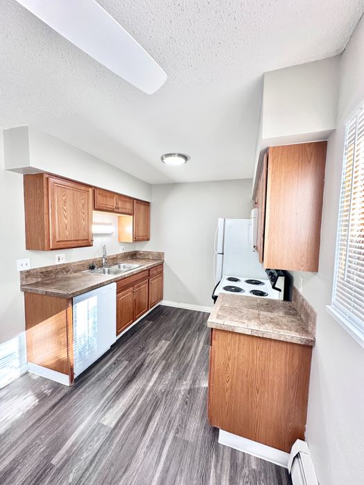 Bright kitchen with modern wooden cabinets, sleek countertops, and elegant wood flooring, illuminated by natural light.