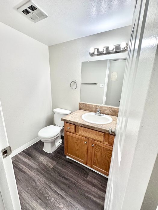 Bright and modern bathroom with sleek dark flooring, elegant vanity, and contemporary lighting.