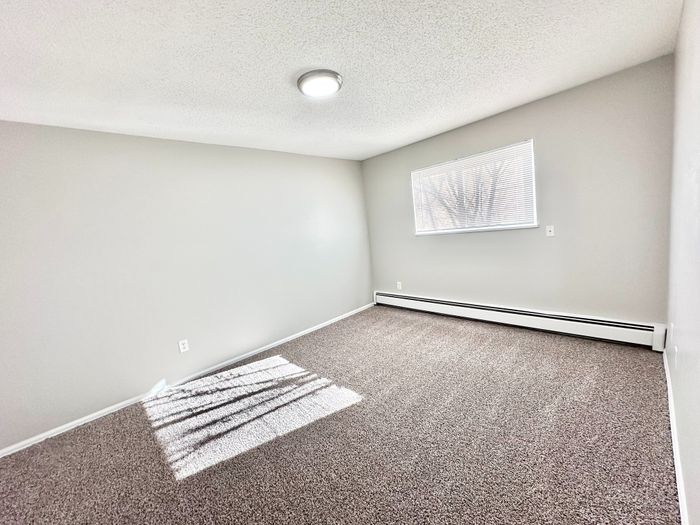 Bright and spacious bedroom with soft carpet flooring and natural light streaming through a large window, creating a warm and inviting atmosphere.