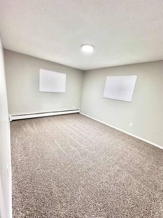 Bright and airy bedroom with plush carpeting and ample natural light from large windows.