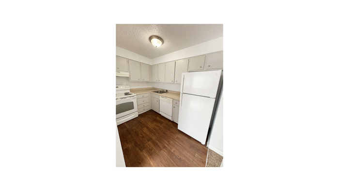 Bright and inviting kitchen with modern white cabinetry, sleek appliances, and warm wooden flooring.