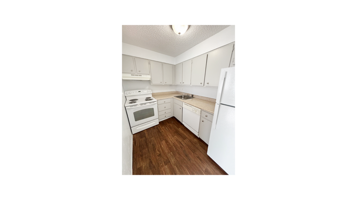 Bright and inviting kitchen with modern white cabinets, sleek appliances, and elegant wood flooring.