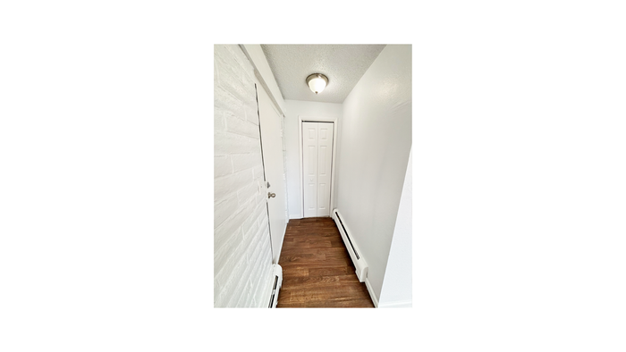 Inviting hallway with elegant white brick accent wall, warm wood flooring, and modern lighting.
