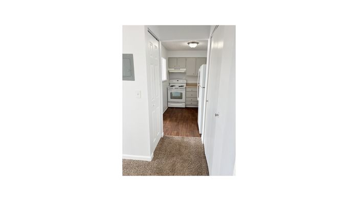 Inviting apartment kitchen with modern white cabinetry, sleek appliances, and warm wood flooring.
