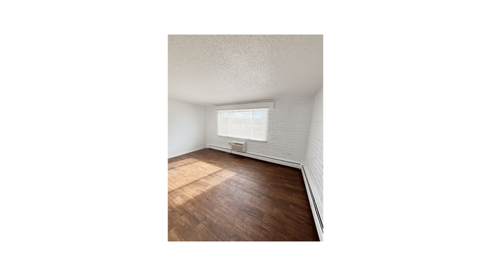 Bright and spacious room with large window and elegant hardwood flooring.