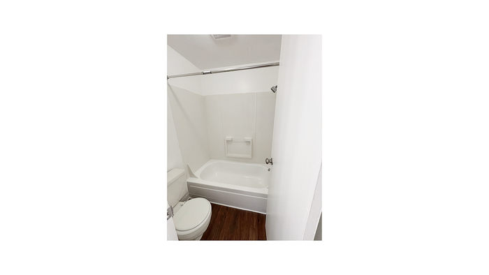 Sleek modern bathroom featuring a clean white bathtub, contemporary fixtures, and elegant wood-style flooring.