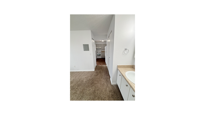 Bright hallway leading to a cozy kitchen with modern appliances and textured carpeting, offering a welcoming home environment.