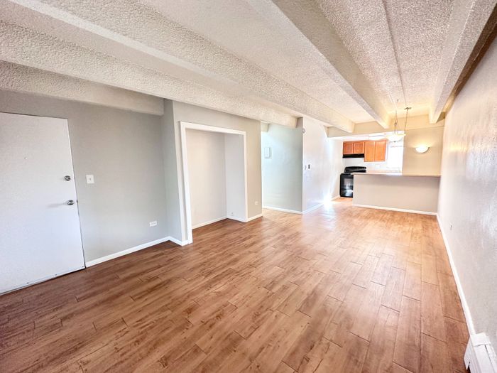 Bright open-plan living area with wood flooring and a cozy kitchen, perfect for modern living.