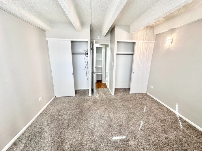 Inviting bedroom with plush carpet flooring, featuring two spacious closets and modern ceiling accents for a cozy living space.