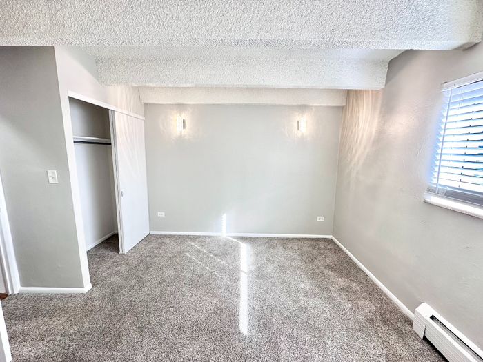Bright, cozy room with plush carpet, textured ceiling, and natural light from a large window, featuring a built-in closet.