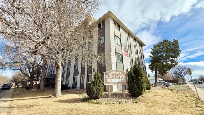 Charming Monte Vista apartment complex with modern architecture and a welcoming atmosphere, surrounded by mature trees and a serene suburban setting.