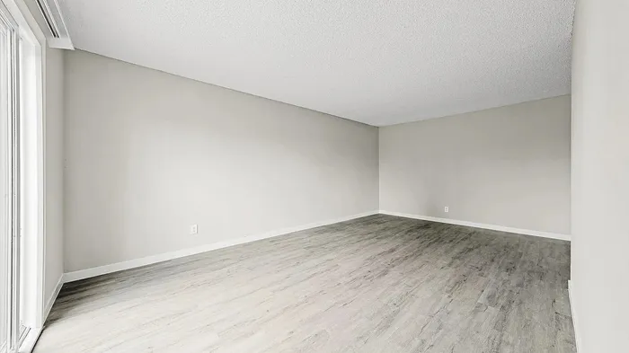 Bright and spacious empty room featuring elegant wooden flooring and large windows, perfect for customization and natural light.