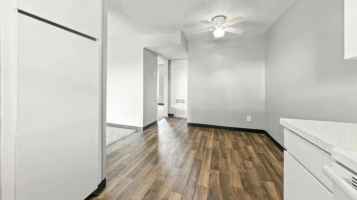 Bright and modern apartment featuring sleek wooden flooring and light gray walls, ideal for a contemporary living space.