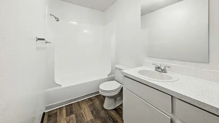 Modern bathroom with sleek white fixtures, a spacious bathtub, elegant vanity, and beautiful wood-patterned flooring.