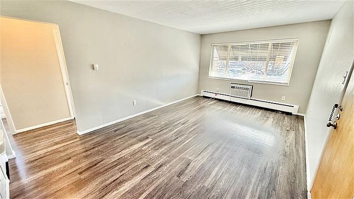 Bright and airy apartment room with elegant wood flooring, large window providing ample natural light, and modern baseboard heating.