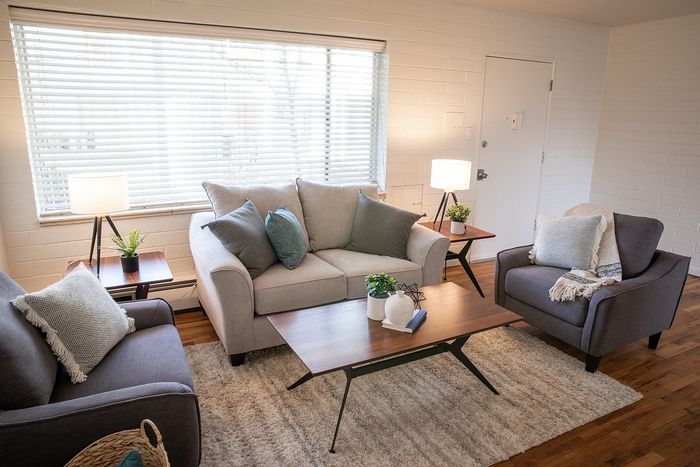 Bright and inviting living room featuring cozy gray seating, stylish wood accents, and abundant natural light from large windows.