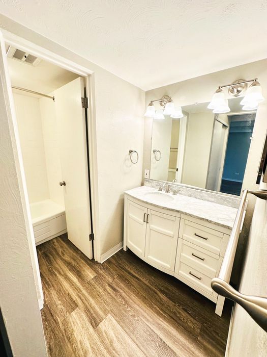 Bright bathroom with modern fixtures and elegant wood flooring.