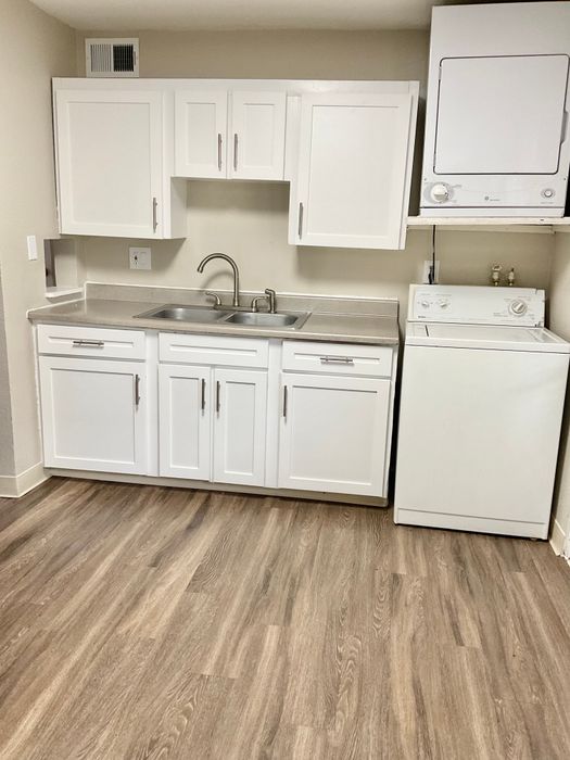 Compact modern kitchenette with white cabinetry, double sink, and integrated washer-dryer unit.