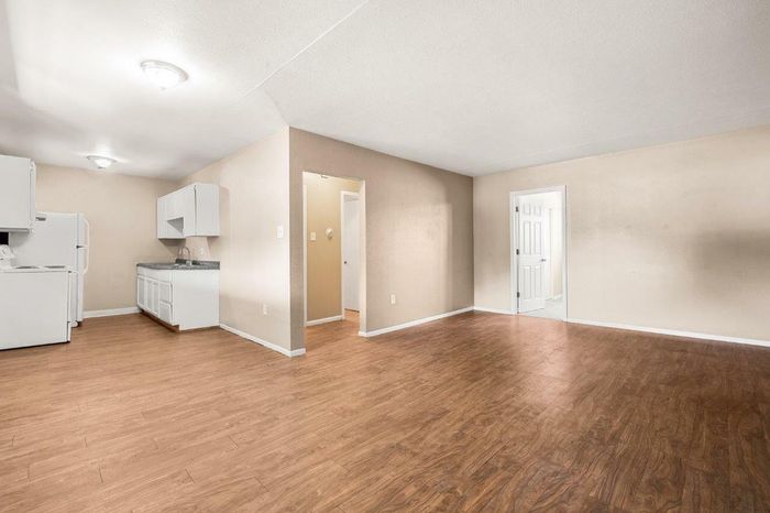 Open-concept apartment with wooden flooring and a compact kitchen area.