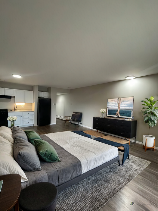 Luxurious open-concept studio apartment with modern decor, featuring a spacious bed, sleek kitchenette, and stylish living area with a large TV.