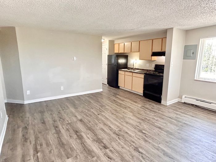 Inviting open-concept kitchen and living area with modern appliances and sleek hardwood flooring.